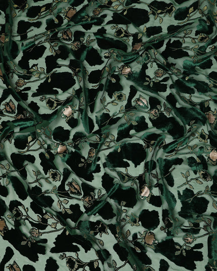 Mint Green and Dark Green Floral Printed Synthetic Burnout Chiffon Velvet Fabric 140 Cms Width China-D28194