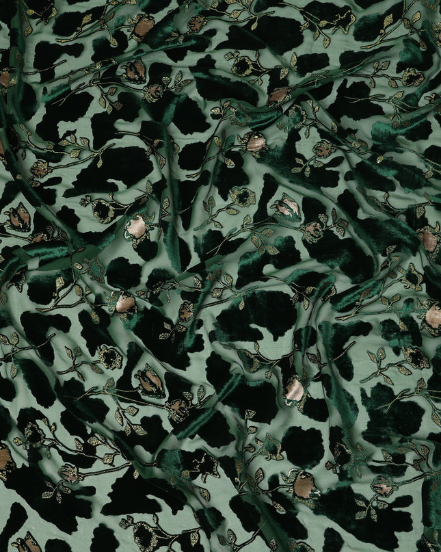 Mint Green and Dark Green Floral Printed Synthetic Burnout Chiffon Velvet Fabric 140 Cms Width China-D28194