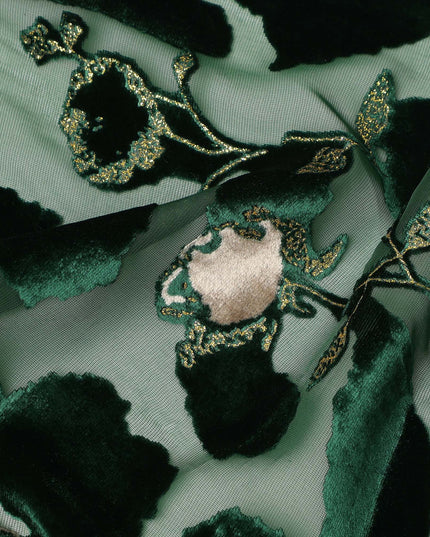 Mint Green and Dark Green Floral Printed Synthetic Burnout Chiffon Velvet Fabric 140 Cms Width China-D28194