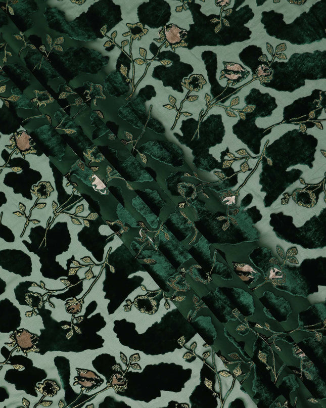 Mint Green and Dark Green Floral Printed Synthetic Burnout Chiffon Velvet Fabric 140 Cms Width China-D28194