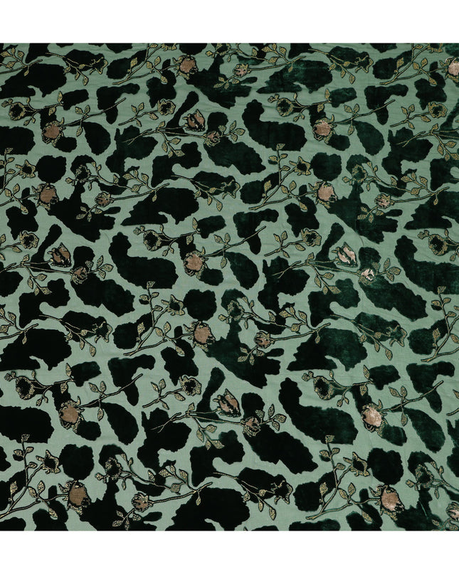Mint Green and Dark Green Floral Printed Synthetic Burnout Chiffon Velvet Fabric 140 Cms Width China-D28194
