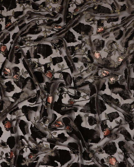 Grey and Black Floral Printed Synthetic Burnout Chiffon Velvet Fabric 140 Cms Width China-D28193
