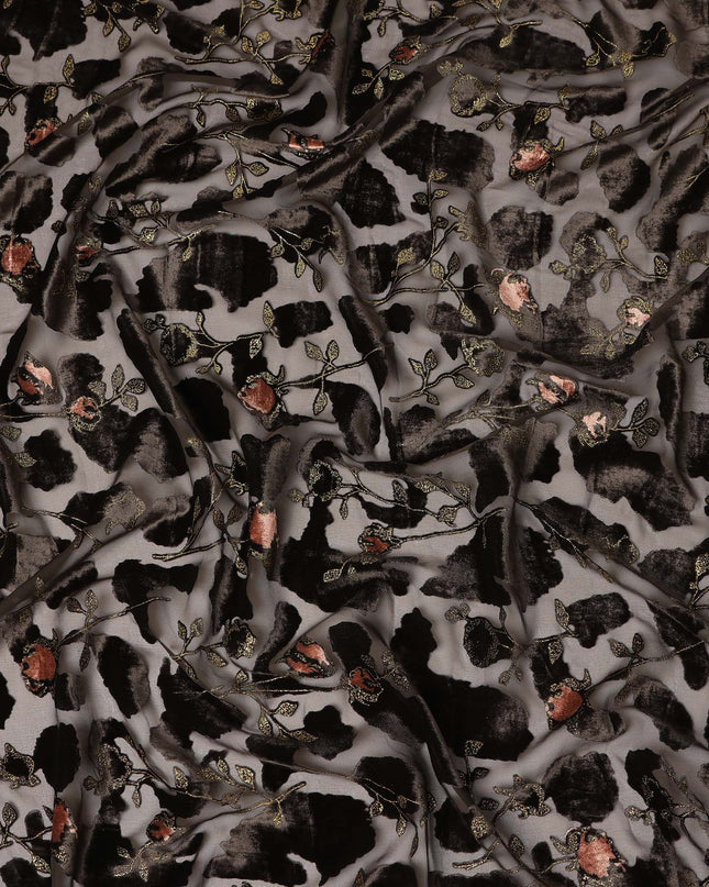 Grey and Black Floral Printed Synthetic Burnout Chiffon Velvet Fabric 140 Cms Width China-D28193