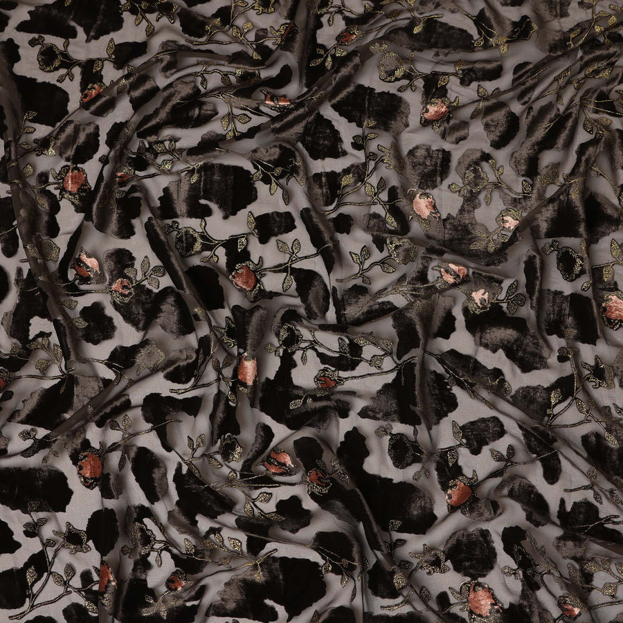 Grey and Black Floral Printed Synthetic Burnout Chiffon Velvet Fabric 140 Cms Width China-D28193