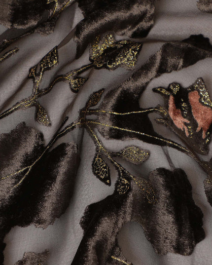 Grey and Black Floral Printed Synthetic Burnout Chiffon Velvet Fabric 140 Cms Width China-D28193