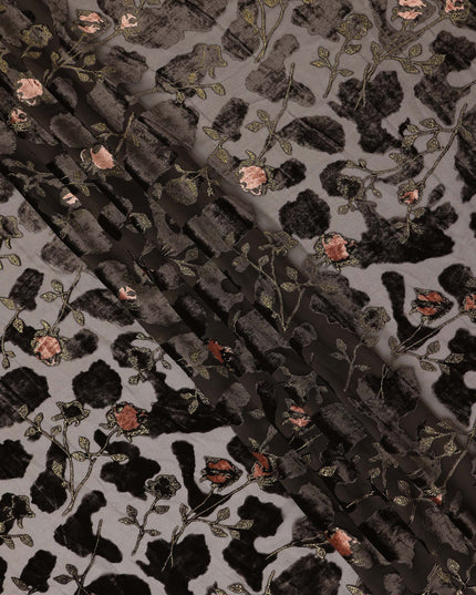 Grey and Black Floral Printed Synthetic Burnout Chiffon Velvet Fabric 140 Cms Width China-D28193
