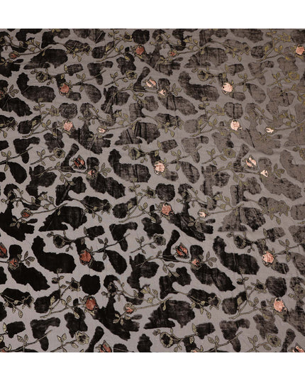 Grey and Black Floral Printed Synthetic Burnout Chiffon Velvet Fabric 140 Cms Width China-D28193