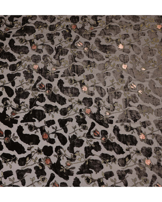 Grey and Black Floral Printed Synthetic Burnout Chiffon Velvet Fabric 140 Cms Width China-D28193