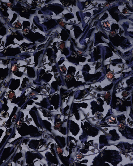 Grey and Navy Blue Floral Printed Synthetic Burnout Chiffon Velvet Fabric 140 Cms Width China-D28192