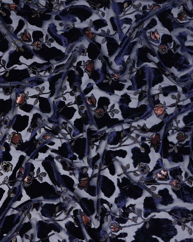 Grey and Navy Blue Floral Printed Synthetic Burnout Chiffon Velvet Fabric 140 Cms Width China-D28192