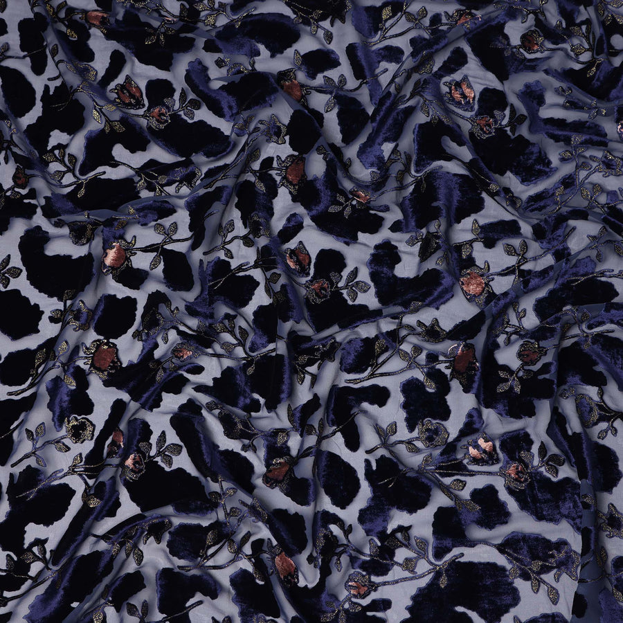Grey and Navy Blue Floral Printed Synthetic Burnout Chiffon Velvet Fabric 140 Cms Width China-D28192