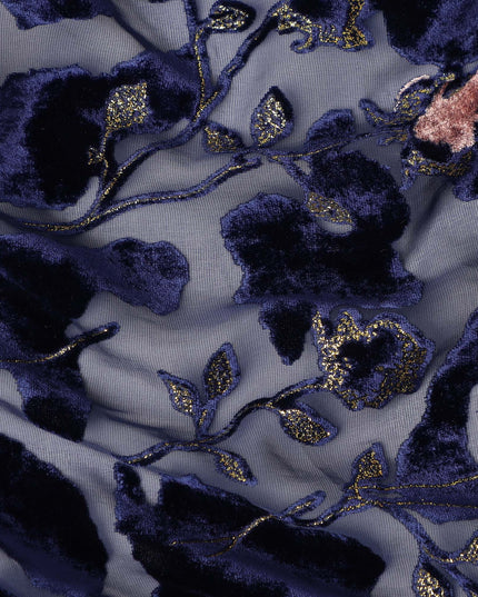 Grey and Navy Blue Floral Printed Synthetic Burnout Chiffon Velvet Fabric 140 Cms Width China-D28192