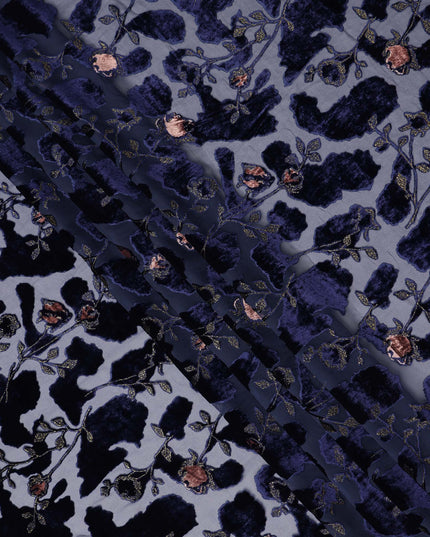 Grey and Navy Blue Floral Printed Synthetic Burnout Chiffon Velvet Fabric 140 Cms Width China-D28192