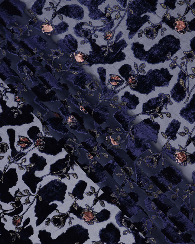 Grey and Navy Blue Floral Printed Synthetic Burnout Chiffon Velvet Fabric 140 Cms Width China-D28192