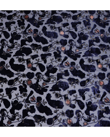 Grey and Navy Blue Floral Printed Synthetic Burnout Chiffon Velvet Fabric 140 Cms Width China-D28192