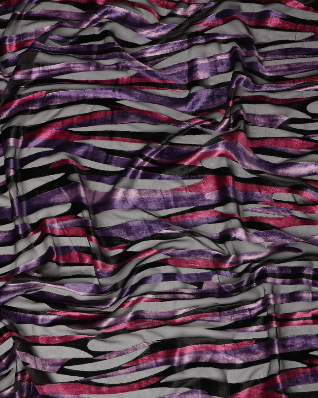 Grey and Purple Abstract Striped Printed Synthetic Burnout Chiffon Velvet Fabric 140 Cms Width China-D28190