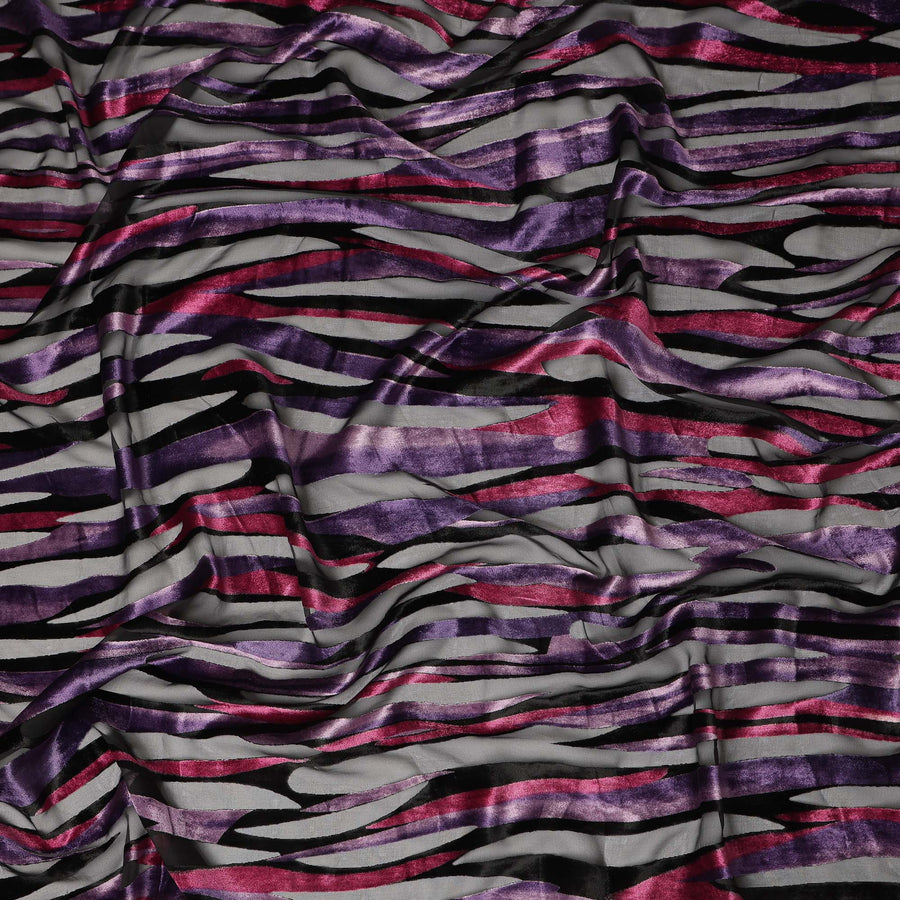 Grey and Purple Abstract Striped Printed Synthetic Burnout Chiffon Velvet Fabric 140 Cms Width China-D28190