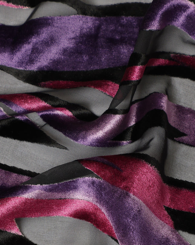 Grey and Purple Abstract Striped Printed Synthetic Burnout Chiffon Velvet Fabric 140 Cms Width China-D28190
