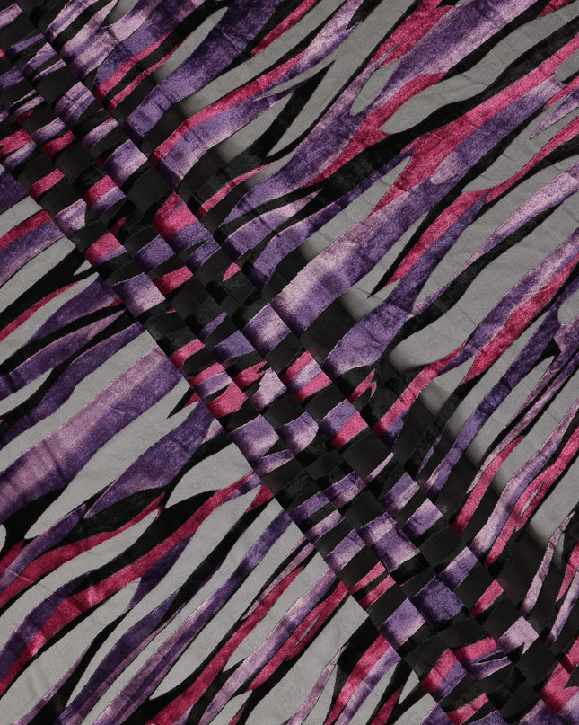 Grey and Purple Abstract Striped Printed Synthetic Burnout Chiffon Velvet Fabric 140 Cms Width China-D28190