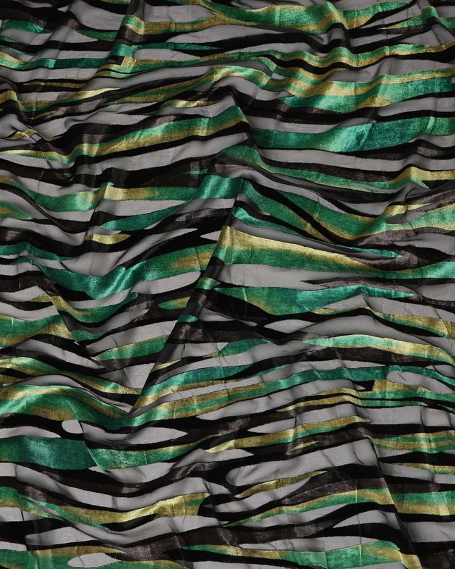 Grey and Green Metallic Abstract Striped Printed Synthetic Burnout Chiffon Velvet Fabric 140 Cms Width China-D28191