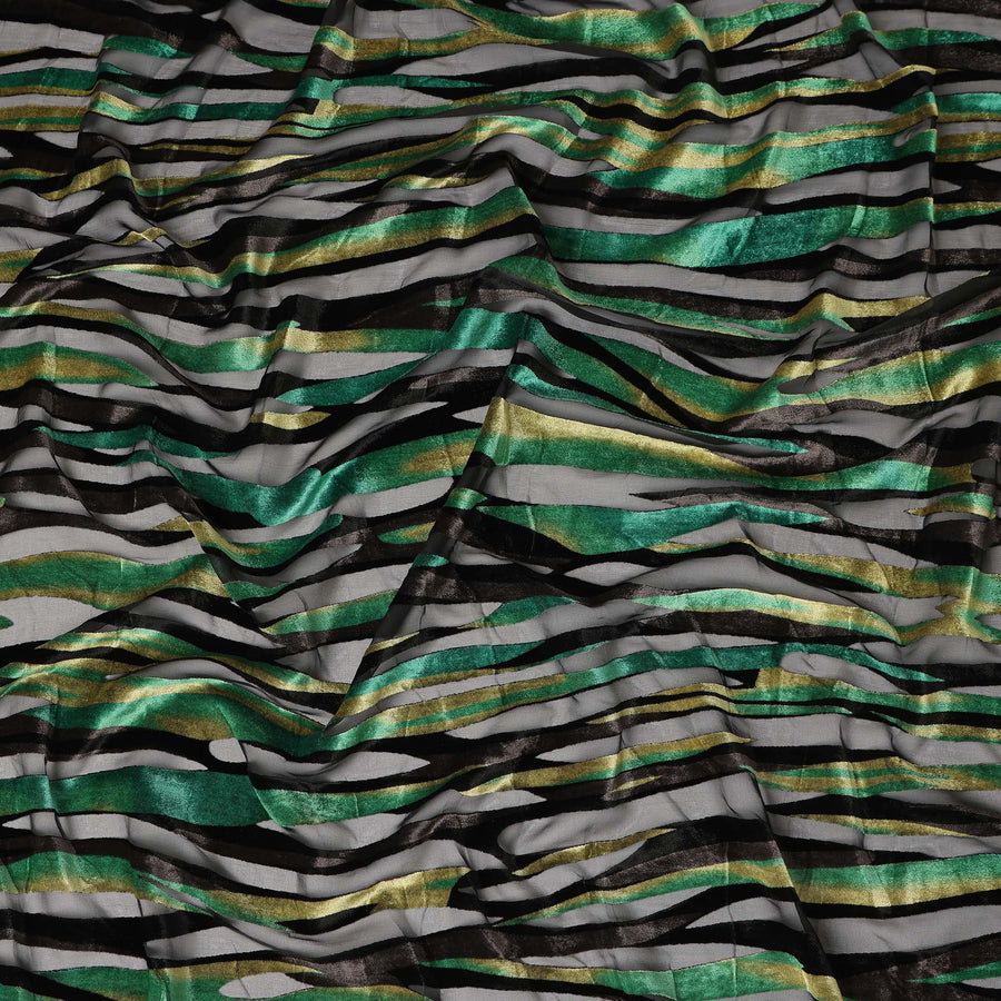 Grey and Green Metallic Abstract Striped Printed Synthetic Burnout Chiffon Velvet Fabric 140 Cms Width China-D28191