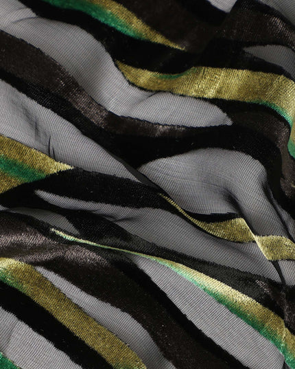 Grey and Green Metallic Abstract Striped Printed Synthetic Burnout Chiffon Velvet Fabric 140 Cms Width China-D28191