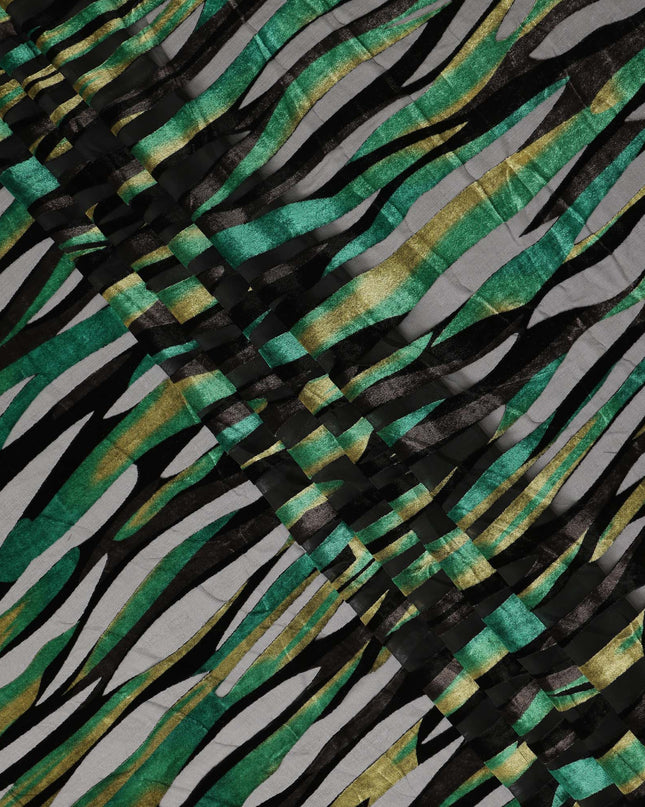 Grey and Green Metallic Abstract Striped Printed Synthetic Burnout Chiffon Velvet Fabric 140 Cms Width China-D28191