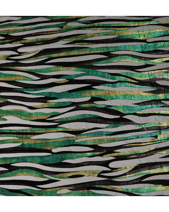 Grey and Green Metallic Abstract Striped Printed Synthetic Burnout Chiffon Velvet Fabric 140 Cms Width China-D28191