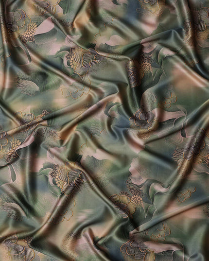 Olive Green Printed Silk Satin Fabric 140cm