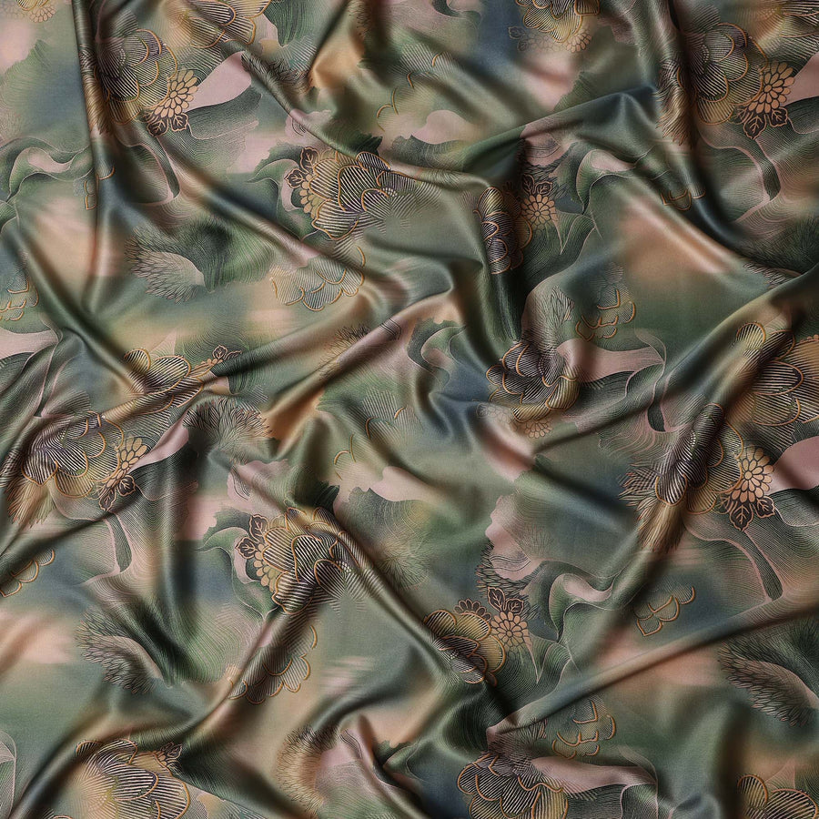 Olive Green Printed Silk Satin Fabric 140cm