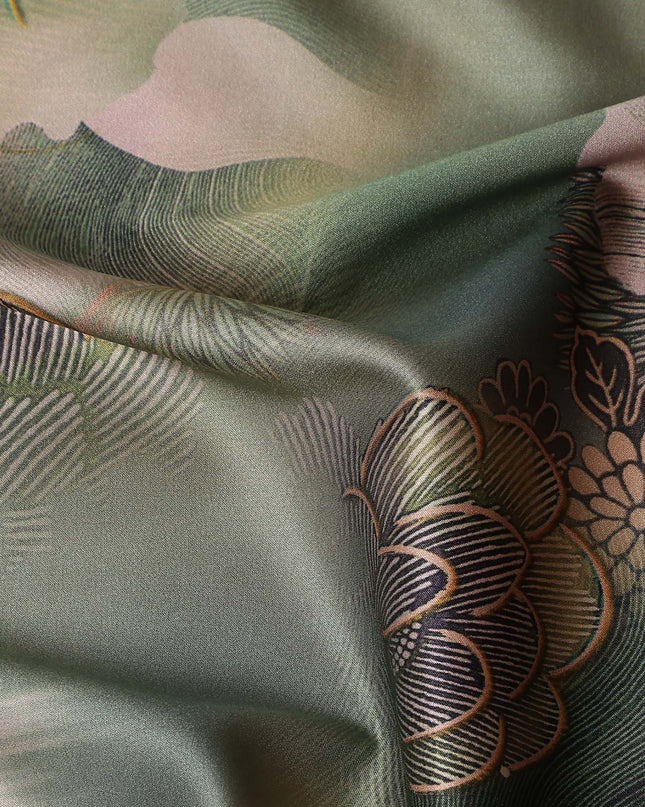 Olive Green Printed Silk Satin Fabric 140cm