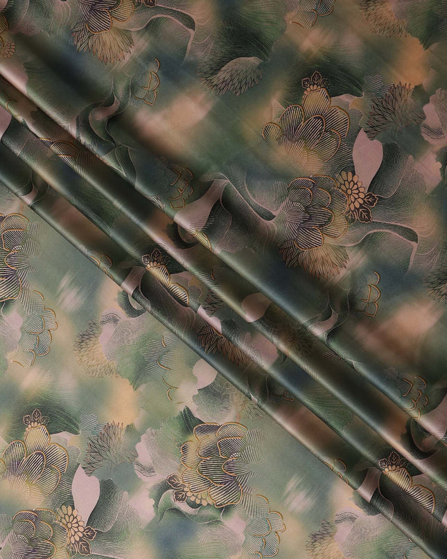 Olive Green Printed Silk Satin Fabric 140cm