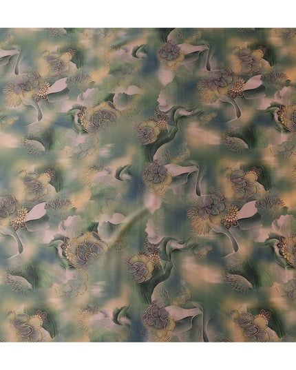 Olive Green Printed Silk Satin Fabric 140cm