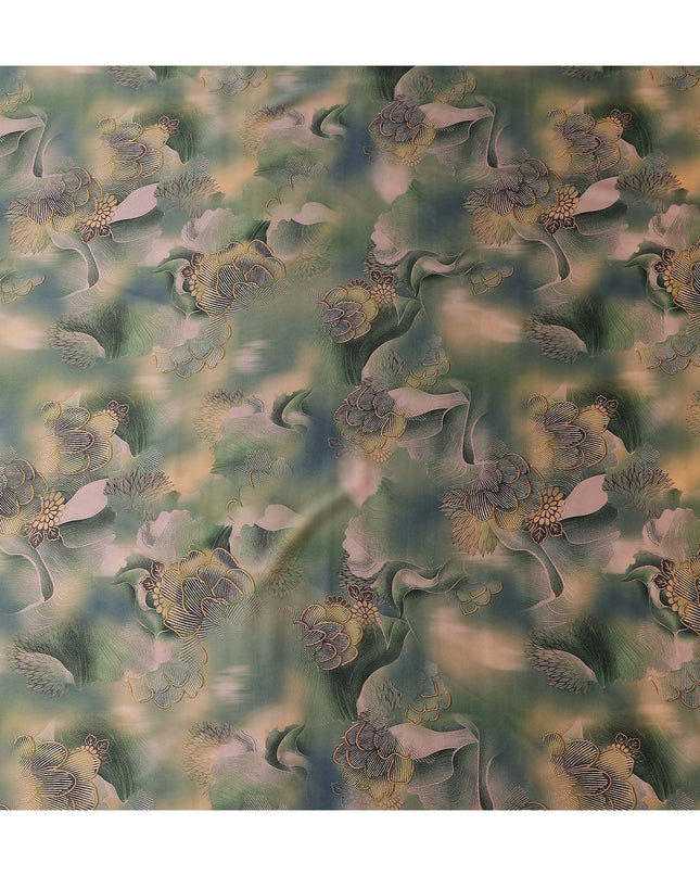 Olive Green Printed Silk Satin Fabric 140cm