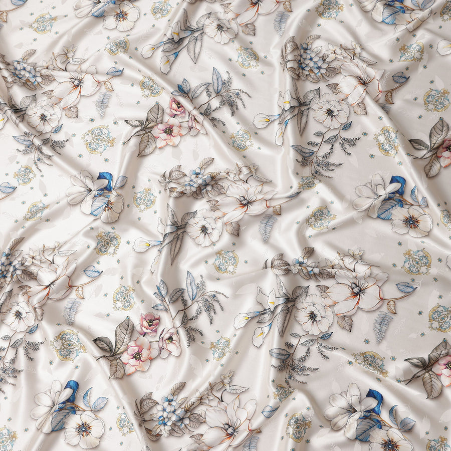 Ivory Cream Printed Silk Satin Fabric 140cm