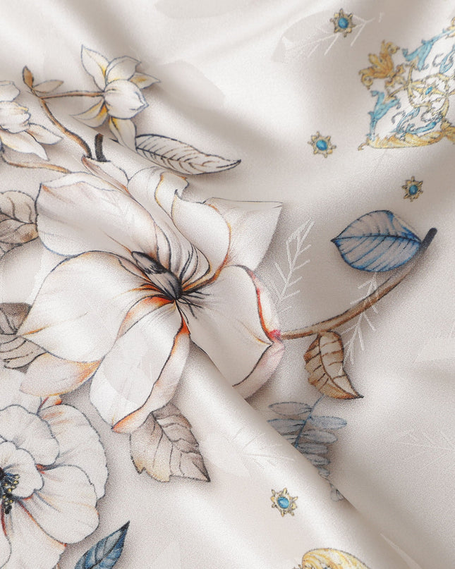 Ivory Cream Printed Silk Satin Fabric 140cm