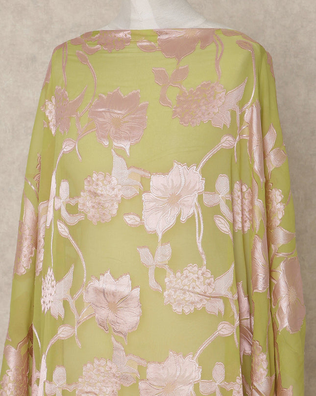 Green Traditional Somali Silk Chiffon Dirac Fabric with Metallic Lurex, 3.5 Mtrs Piece, Width 140 Cms, Made in South Korea-D26479