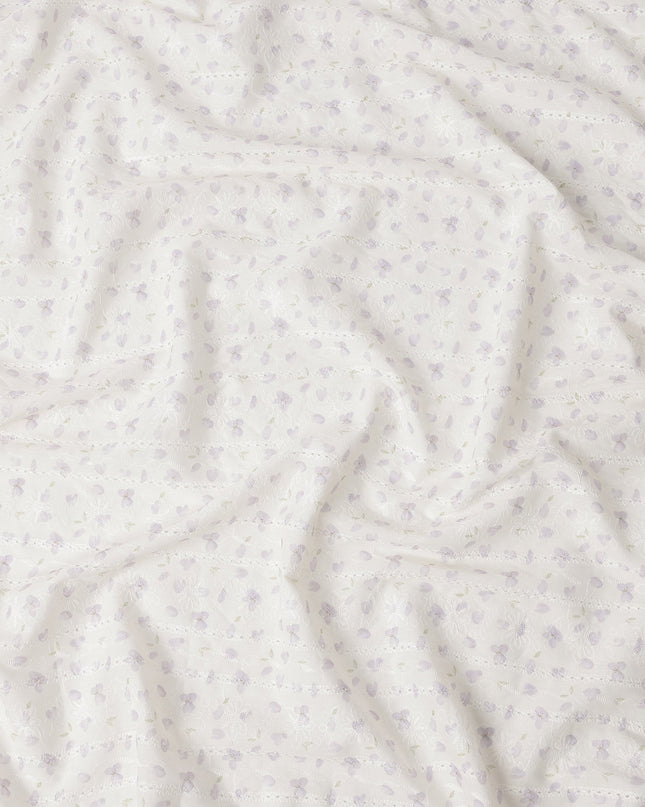 Off White Lavender Floral Embroidered Cotton Voile Fabric Soft Lightweight Sheer Design Elegant Apparel Material 150 Cms Width Made in India-D27443