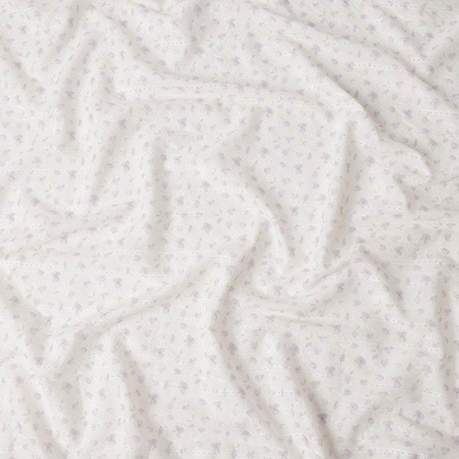 Off White Lavender Floral Embroidered Cotton Voile Fabric Soft Lightweight Sheer Design Elegant Apparel Material 150 Cms Width Made in India-D27443