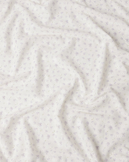 White and Lilac Floral Embroidered Cotton Viscose Fabric, 140 Cms Width, Made in China-D26231