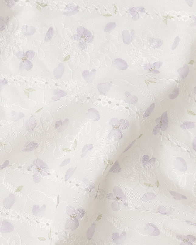 Off White Lavender Floral Embroidered Cotton Voile Fabric Soft Lightweight Sheer Design Elegant Apparel Material 150 Cms Width Made in India-D27443