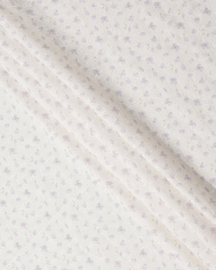 White and Lilac Floral Embroidered Cotton Viscose Fabric, 140 Cms Width, Made in China-D26231