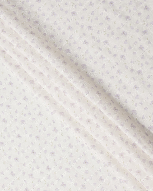 White and Lilac Floral Embroidered Cotton Viscose Fabric, 140 Cms Width, Made in China-D26231