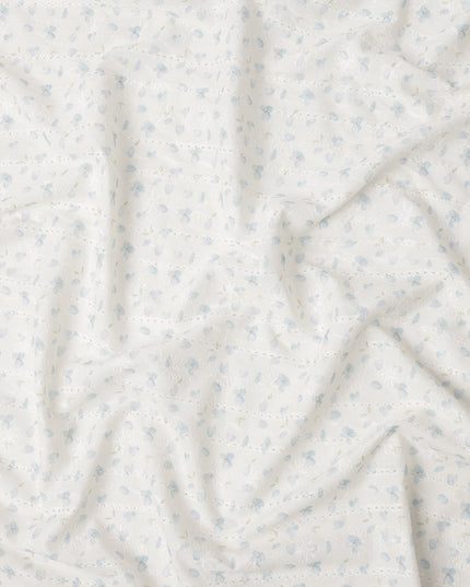 White and Light Blue Floral Embroidered Cotton Viscose Fabric, 140 Cms Width, Made in China-D26227