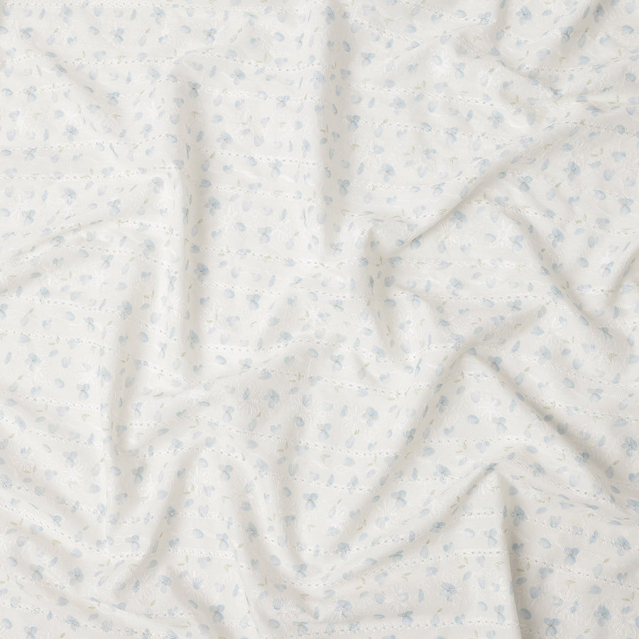 White and Light Blue Floral Embroidered Cotton Viscose Fabric, 140 Cms Width, Made in China-D26227