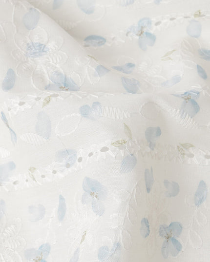 Off White Light Blue Floral Embroidered Cotton Voile Fabric Soft Sheer Lightweight Design 150 Cms Width Made in India-D27451