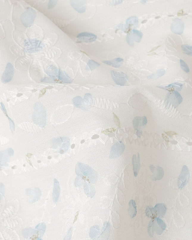White and Light Blue Floral Embroidered Cotton Viscose Fabric, 140 Cms Width, Made in China-D26227