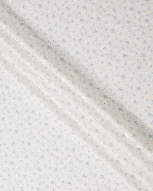 White and Light Blue Floral Embroidered Cotton Viscose Fabric, 140 Cms Width, Made in China-D26227