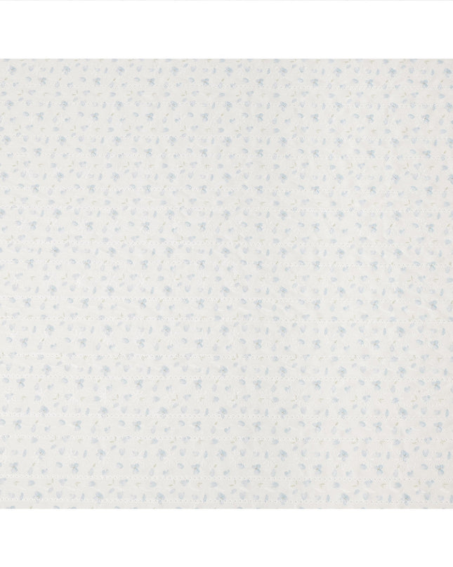 White and Light Blue Floral Embroidered Cotton Viscose Fabric, 140 Cms Width, Made in China-D26227