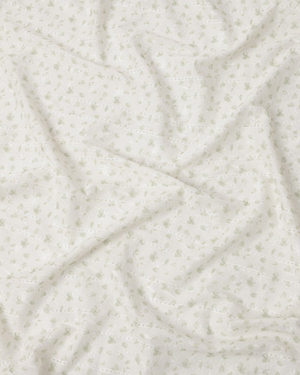 White and Light Green Leaf Embroidered Cotton Viscose Fabric, 140 Cms Width, Made in China-D26239